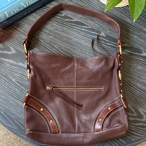 LUCE Chocolate Brown Hobo Slouch Genuine Leather Purse Gold Hardware